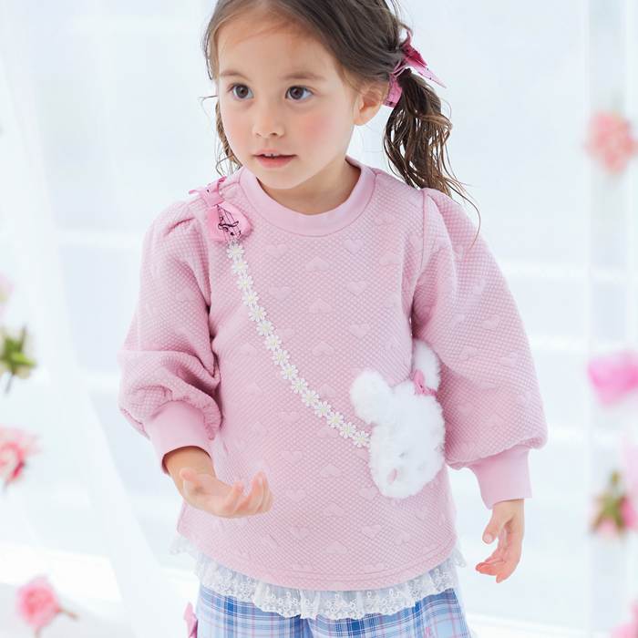 coeur a coeur (クーラクール ) プルオーバー (80〜110cm) 女の子 80 90 100 110 キムラタン 子供服 ポシェット風 うさぎ ふわふわ 花 リボン 音符 ハート キルト おでかけ かわいい レースのサムネイル