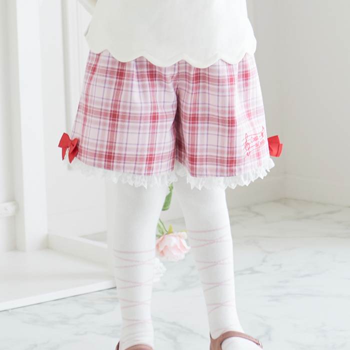 coeur a coeur (クーラクール ) チェック柄フレアキュロット (90〜120cm) 女の子 90 100 110 120 キムラタン 子供服 チェック リボン レース ポケット ハート 女児 かわいい 本体綿100% うさぎ