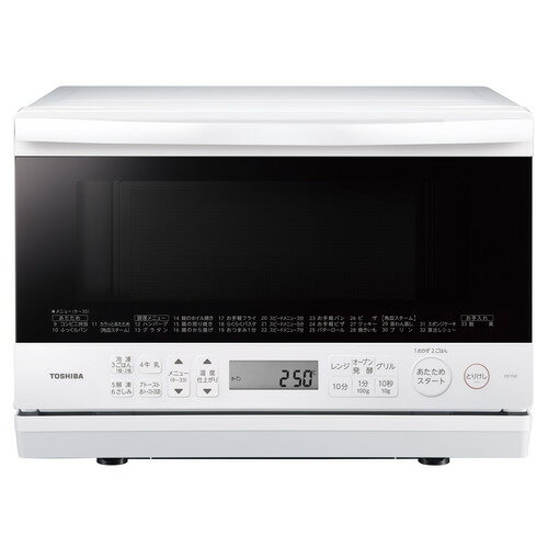 東芝 ER-Y60(W) オーブンレンジ 石窯オーブン 23L グランホワイト ERY60(W)発売日：2023年8月1日●コンパクトでワイド＆フラットな角皿スチームモデル●ワイド＆フラット庫内出し入れしやすい間口39cmの庫内ワイドタイプ！大きなお皿やお弁当も入り、出し入れもラクラク。●ノンフライ調理「ノンフライ調理」なら油を使わず手軽に揚げ物がヘルシーにできます。●冷凍野菜メニュー便利な冷凍野菜はレンジにおまかせ。荷崩れを防いで効率的に中からしっかり加熱します。●「簡単調理」冷凍食品・レトルト食品などを活用でらくらく。●ワイド水受け結露した水滴やパン粉などが落ちても簡単に、外してお掃除できます。&nbsp;【仕様】外形寸法（高さ×幅×奥行）：325×480×390（mm）※ハンドル含まず本体質量：13kg庫内形状：フラット庫内有効寸法（幅×奥行×高さ）：約376×約320×約173（mm）センサー種類：温度センサー過熱水蒸気：無グリル：有庫内コーティング：遠赤・脱臭ブラックコート ※天井、扉部、底面を除く電源周波数：ヘルツフリーレンジ出力（最大）：1000Wレンジ出力（手動）：1000W※/600・500W連続/200W相当/100W相当 ※定格高周波出力1000Wは短時間高出力機能（最大3分）であり、定格連続高周波出力は600Wです。600Wへは自動的に切り替わります。年間消費電力量：73.4kWh/年年間消費電力量（待機時）：0kWh/年省エネ機能：オートパワーオフ解凍機能：有（解凍・さしみ［グラム合わせ］）液晶表示バックライト：無設置条件：背面ピッタリ設置、左1.5cm以上、右4.5cm以上、上方10cm以上開けて下さい ※熱に弱い壁・家電製品・家具・コンセントがある場合は記載寸法以上にすき間をあけて置いてください。また、コンセントが排気口の近くにあったり、よごれが気になるときも、排気が直接当たらないように記載寸法以上にすき間をあけて置いてください。後方がガラスの場合、温度差で割れる恐れがあるので、20cm以上あけてください。付属品：角皿（鉄板ホーロー）1枚・取扱説明書兼料理集・水受け（本体装着済）