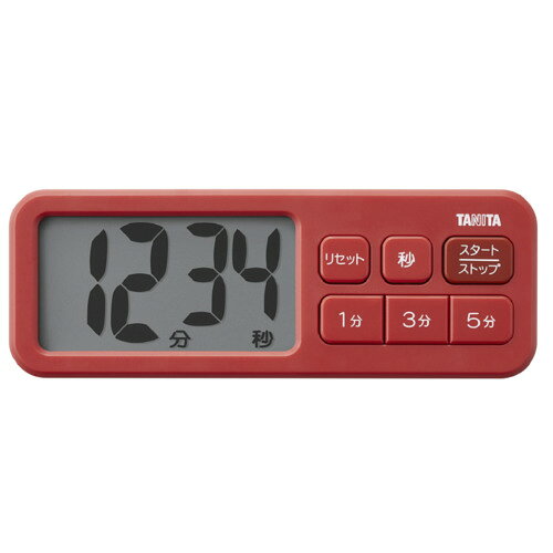 タニタ TD-431RD 抗菌でか見えタイマー マットレッド発売日：2023年7月14日●抗菌仕様で清潔！●見やすい「でか見え」シリーズ●インテリアになじむ色展開●文字高30mmのでか見え●音量：70dB以上&nbsp;【仕様】本体サイズ（高さ×幅×奥行）：48×134×17mm重量：73gタイマー機能：カウントダウン方式設定時間：最大99分59秒アラーム：約30秒電源：3V DC（CR2032コイン形リチウム電池×1個）、電池寿命：約1年（1日1回30秒間アラームを鳴らした場合）、使用温度範囲：0~40℃