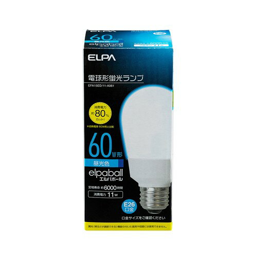 ELPA EFA15ED/11-A061 電球形蛍光灯A形 60W形●定格寿命 約6000時間の長寿命※白熱電球60W形比●電気代 約80%カット！※白熱電球60W形比【仕様】交流電源：100V 50/60Hz共用サイズ：全長115X外径55(mm)質量：72g定格消費電力：11W定格入力電流：180mA定格寿命：6000h全光束：700lm光色：3波長形昼光色屋内用