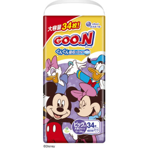 ※画像はイメージです。パッケージデザイン等は予告なしに変更されることがあります。※メーカーの欠品や製造中止により納期遅延、またはお届けできない場合がございます。大王製紙 グーン ぐんぐん吸収パンツ BIGより大きいサイズ 男女共用 34枚 ●たっぷりおしっこをすばやく吸収！スピード吸収体。おしっこをキャッチしてすばやく拡散するからたっぷりおしっこも、モレずに安心！【仕様】容量：34枚ジャンル：ベビー用おむつ