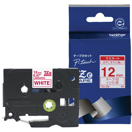 ブラザー TZe-232 ラベルライターピータッチ用 ラミネートテープ 白テープ 赤文字 幅12mm 長さ8m