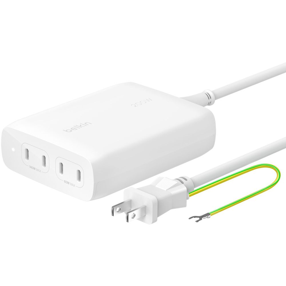 Belkin200W 4ポートGaN 充電器WCH015QCWHPD3.1 テクノロジーを活用した、最大出力200Wの巨大なパワーを備えた充電器・Macbook Pro 16 インチ (M2 pro、2023) を約 30 分で 0 ? 50% まで最適充電します。・最大4台のデバイスを同時に急速充電。・ユニバーサル互換性 - ほとんどの PD3.1 / PD3.0 対応デバイスの急速充電をサポートします。・1.5mの電源コードによりデスクに直接置くことができます。・環境に優しい使用済みリサイクル素材とプラスチックを含まないパッケージで作られています。【動作環境】[保証書]あり【発売日】2024年06月05日