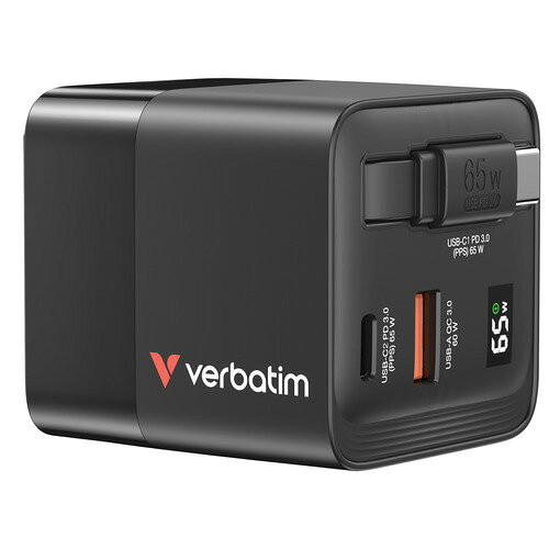 Verbatim GANRC65-2V1 GaN充電器 65W USB-Cポート×2 USB-Aポート×1 収納式ケーブル付き ブラック●最大65W USB PD対応充電器ノートPC、スマートフォン、タブレット、ワイヤレスイヤホン、ゲーム機など、様々なデバイスを同時に充電可能●GaN（窒化ガリウム）技術採用高効率・低発熱を実現し従来の充電器より小型・軽量化。●海外でも使用できる変換プラグを付属BF(英国)、C(欧州)の2つの変換プラグを付属。そのまま海外で使用可能。●巻き取り式USB-Cケーブル内蔵ケーブルを本体にスマートに収納。ケーブル忘れや持ち運び時の煩わしさをゼロに。●出力電力表示ディスプレイ付高速充電ができているかどうか、一目でわかるので安心。&nbsp;【仕様】対応機種：USB-Cポートから給電可能である、スマートフォン、ノートPC、タブレット、ゲーム機などの機器。コネクター形状：USB-Cポート×2、USB-Aポート×1定格出力電力(単ポート)：USB-C1(ケーブル内蔵) : PD 3.0 (65W max.)、USB-C2 : PD 3.0 (65W max.)、USB-A : QC 3.0 (60W max.)巻き取り式ケーブル長(USB-C)：約75cmサイズ：約58.5(W) x 50(D) x 50(H)mm※　※突起物を除く重量：約157g付属品：BF(英国)、C(欧州)保証：2年