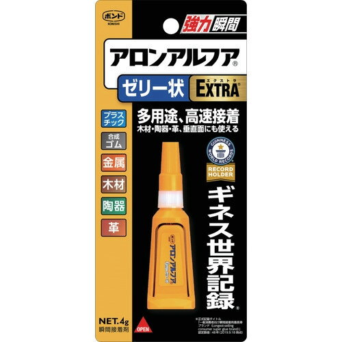 ※画像はイメージです。パッケージデザイン等は予告なしに変更されることがあります。※メーカーの欠品や製造中止により納期遅延、またはお届けできない場合がございます。こちらの商品はメーカー及び取引先より直接商品を発送させて頂きます。ご注文後のキャンセルは承ることが出来ませんので予めご了承ください。複数商品ご注文の場合、全ての商品が準備ができ次第に発送させて頂きます。納品書は含まれておりませんので予めご了承ください。ご注文のタイミングによっては在庫切れとなりメーカー入荷待ちとなる場合がございます。その際は納期を確認の上別途ご連絡をさせて頂きます。コニシ アロンアルフアEXTRAゼリー状 4g 05274 ●多少のすき間や凹凸面、しみ込みやすい木材や陶器にも接着可能です。付着性、防錆力に優れ、上塗り塗料の耐久性が向上します。&nbsp;【仕様】色：透明容量(g)：4固着時間(23℃)：5秒