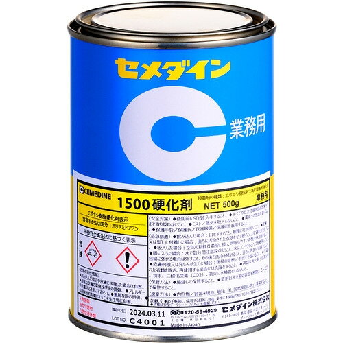 ※画像はイメージです。パッケージデザイン等は予告なしに変更されることがあります。※メーカーの欠品や製造中止により納期遅延、またはお届けできない場合がございます。こちらの商品はメーカー及び取引先より直接商品を発送させて頂きます。ご注文後のキャンセルは承ることが出来ませんので予めご了承ください。複数商品ご注文の場合、全ての商品が準備ができ次第に発送させて頂きます。納品書は含まれておりませんので予めご了承ください。ご注文のタイミングによっては在庫切れとなりメーカー入荷待ちとなる場合がございます。その際は納期を確認の上別途ご連絡をさせて頂きます。セメダイン 1500硬化剤 （標準タイプ） 500g AP−032 AP-032 ●反応型無溶剤接着剤です。硬化収縮が少ない接着剤です。高い接着性と耐久性があります。絶縁性に優れます。混合して60分後から硬化が始まります（23℃）。日本接着剤工業会 JAIA 4VOC基準適合品です。&nbsp;【仕様】容量(L)：0.42 ： ： 容量(ml)：420 ： pH値：13(アルカリ性) ： ：