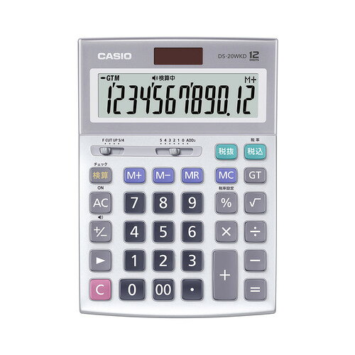 カシオ計算機 DS-20WKD-N 本格実務電卓 税計算・検算可能 早打ち対応 サイレントタッチキー搭載 表示桁数12桁 発売日：2026年8月28日●作業効率がUP・早打ち対応で入力がスムーズ・税計算/検算が可能●安心して計算ができる・検算機能でミス防止・桁ズレ/押し間違いを防ぐキー設計●使い続けたくなる操作感・表示画面の高い視認性・心地いい打鍵感・数字が消えない2色成形構造●打ちやすさを追求したキー形状人間工学に基づきキーの形を指の動きに合わせて配列ごとに変更することで、快適な操作を実現●左右どちらでも打ちやすいキー配列長年のノウハウを活かしスピーディーに計算するためのキー配列を追求●周りを気にせず計算に集中できるサイレントタッチキータッチ音が気にならない静音設計で資格試験やデスクワークにも最適●液晶画面拡大状態表示（税込や÷など）の大きさがUPし視認性向上&nbsp;【仕様】電源：TWO WAY POWER(ソーラー/電池：CR2025×1)表示桁数：12桁サイズ(mm）：188.0×135.0×36.6質量：270gオートパワーオフ：有早打ち対応：有税計算：有検算機能：有エコマーク：認定グリーン購入法：適合商品メーカー保証：5年