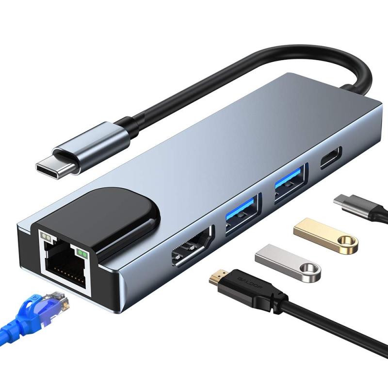 Ningchongfine USB ハブ LAN HDMI タイプ C ハブ アダプター [HDMI+すべてが USB 3.0+1Gbps RJ45+PD] 4K/30HZ 解像度 HDMI HD インターフェイス 1Gbps RJ45 有線イーサネット