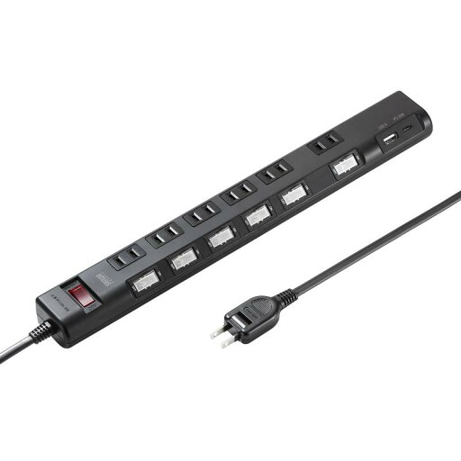 サンワサプライ 節電タップ(2P・6個口・1m・ブラック) TAP-B108UC-1BK サンワサプライ 節電タップ(2P・6個口・1m・ブラック) TAP-B108UC-1BK