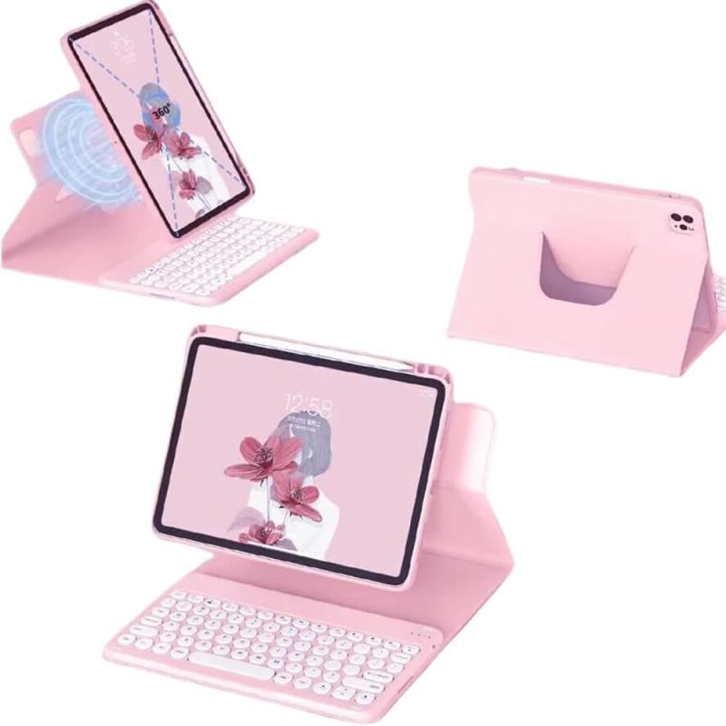 iPadキーボードケース 縦 iPad カバー ペン収納 アイパッドエア カバー 耐衝撃 透明 クリア 背面カバー マグネット分離式 丸型キー ワイヤレスBluetoothキーボード付き可愛い