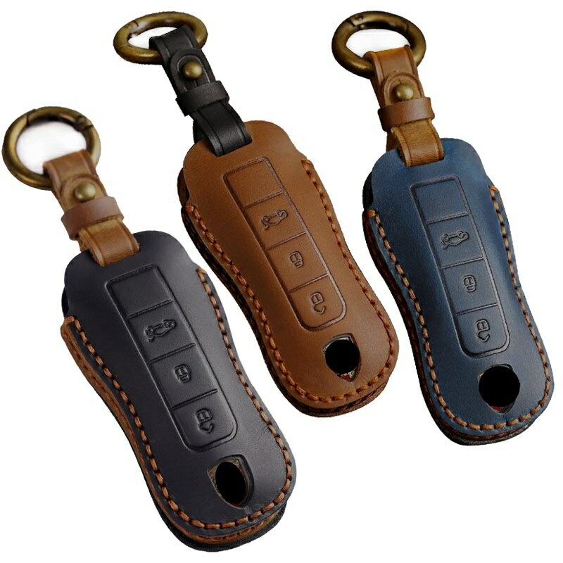 ポルシェ 本革 レザー ツートン スマートキーケース キーカバー Porsche タイカン カイエン 911 992 2018年以降のパナメーラ アクセサリー キーホルダー メンズ レディース 保護カバー キーレスカバー 鍵ケース