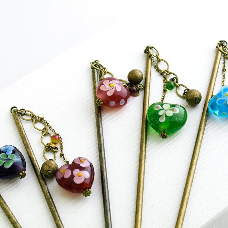 【ハート かんざし】かんざし 一本 シンプル 普段使い 花 和 とんぼ玉 トンボ玉 浴衣 簪 かわいい 髪飾り 結婚式 ガラス 赤 ヘアアクセサリー 紫 和