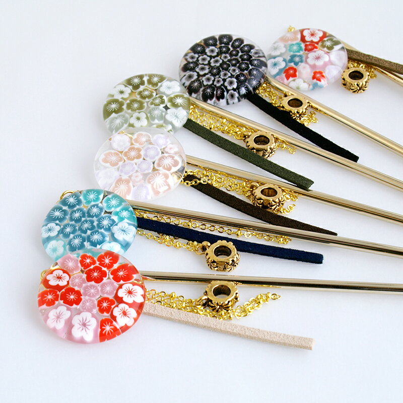 【Japan ミルフィオリ かんざし 01(梅)】かんざし 一本 シンプル 普段使い 花 和 とんぼ玉 トンボ玉 浴衣 簪 かわいい 髪飾り 結婚式 赤 ガラス...