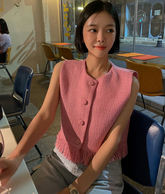 送料無料 ジレ ベスト ツイード フリンジ タッセル レイヤード 重ね着 ピンク ホワイト 春夏 「cawaii ..