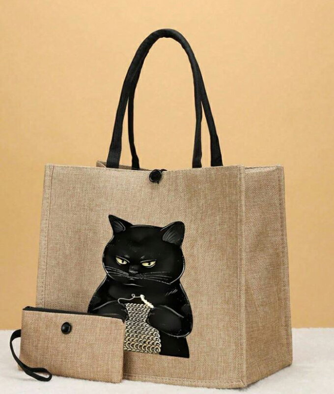送料無料 バッグ リネン トートバッグ トート 2点セット 猫 キャット ネコ 動物 アニマル 編み物 ビーチ バケーション 旅行 スクールバッグ 大容量 軽量