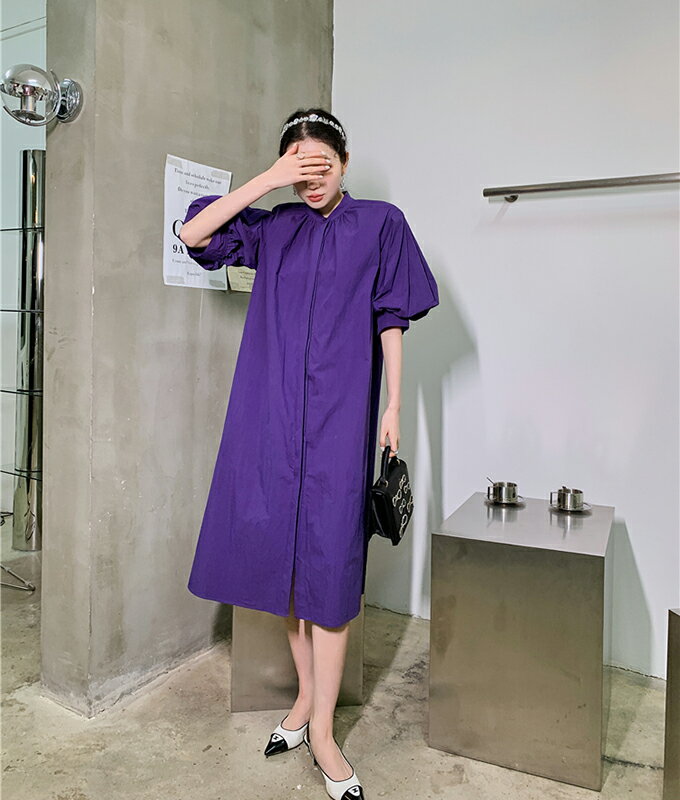 送料無料 ワンピース ドレス パープル 紫 パフスリーブ ランタンスリーブ ギャザー 半袖 スタンドカラー 「cawaii french」