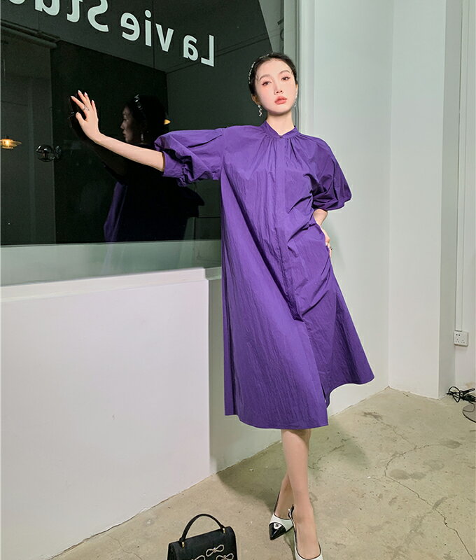 送料無料 ワンピース ドレス パープル 紫 パフスリーブ ランタンスリーブ ギャザー 半袖 スタンドカラー 「cawaii french」