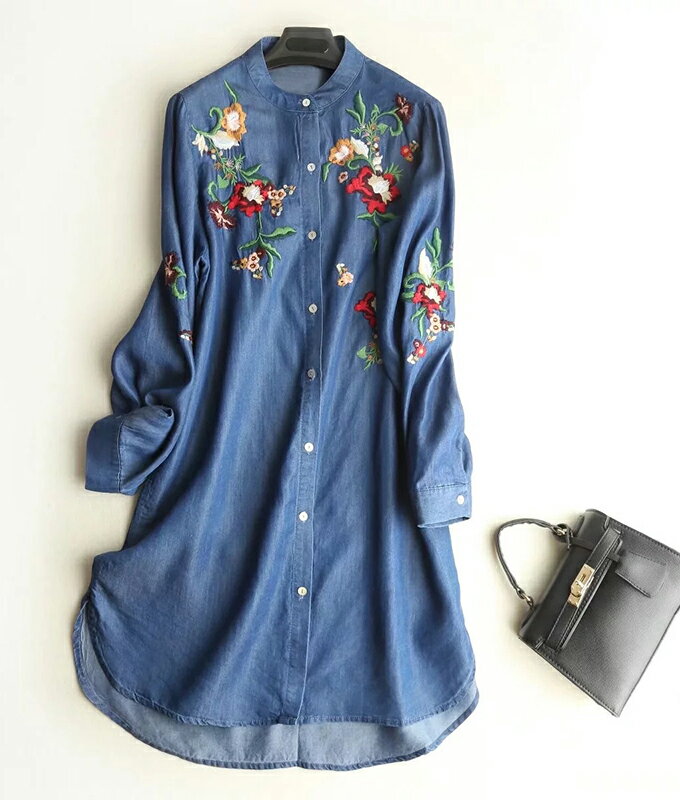 送料無料 デニムワンピース シャツワンピース ドレス 長袖 花 フラワー 刺繍 スタンドカラー「mori lady」