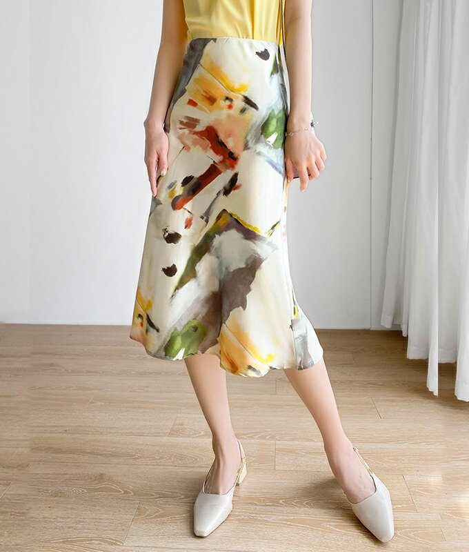 送料無料 ボトム サテン スカート 膝丈 柄スカート アート 絵画 ぼかし柄 春夏 「cawaii french」