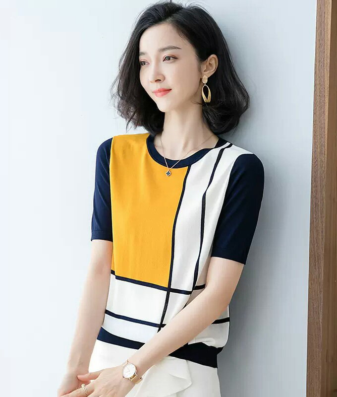 送料無料 ニット サマーニット 半袖 丸首 モンドリアン柄 配色 トリコカラー ホワイト 白 ネイビー 紺 ..