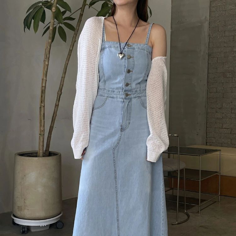 ワン デニムワンピース マキシ ロング 調節可 ポケット付き 体型カバー 高見え カジュアル オールシーズン 20代 30代 40代 50代