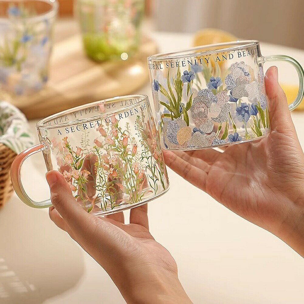 Kind Pickのお洒落 フランス風 マグカップ＆タンブラー 美しい 花柄 耐熱ガラスカップ 紅茶 麦茶コップ ガラスコップ 可愛い 北欧 アイスコーヒー グラス コップ 花ざかり 野ばな 和風 おしゃれ｜アングル3