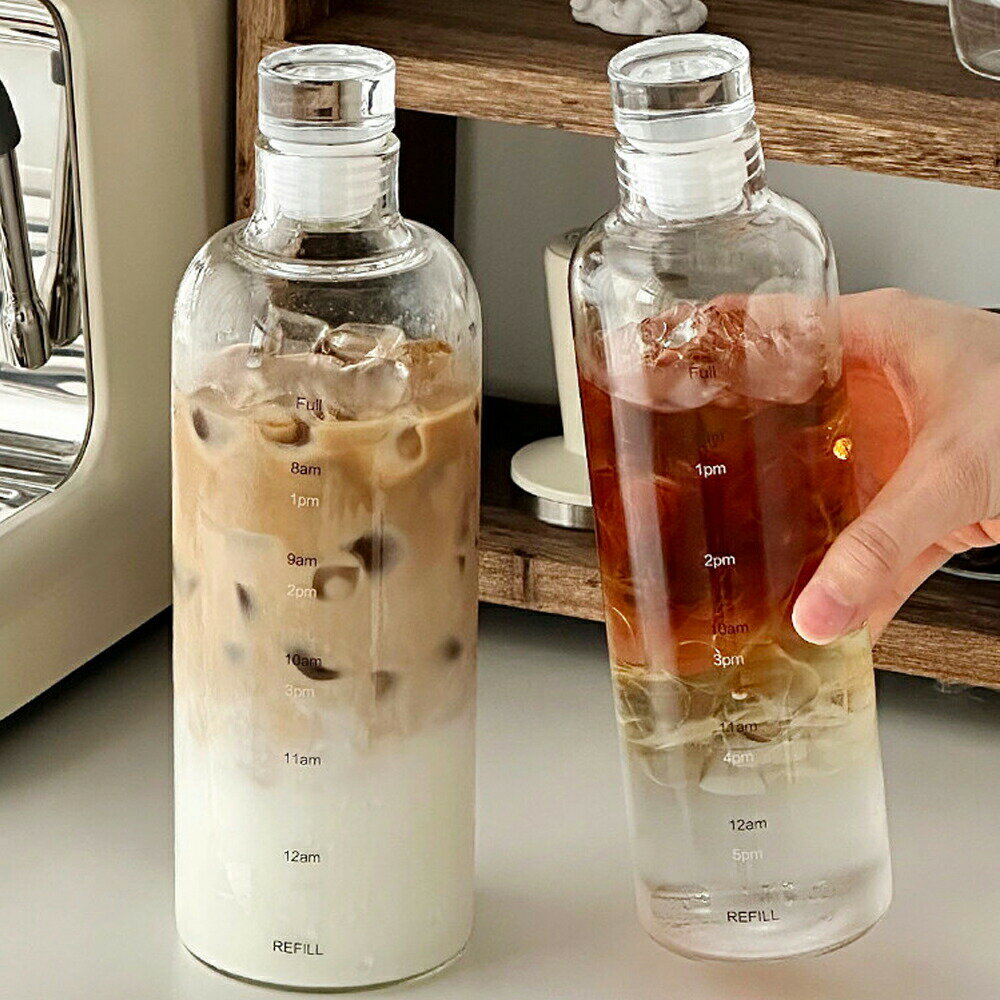 Rakuten - タイムマーカー付き ウォーターボトル 密封性抜群 耐熱ガラス水筒 クリア瓶 シンプル コーヒーボトル ピッチャー 直飲み クリアボトル 持ち運び 紅茶 麦茶 ボトル こぼれない