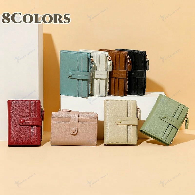 Rakuten - PUレザー レディース 二つ折り ミニ財布 全8色 12.5×9.2×2.5cm コンパクト 大容量 小銭入れ カード入れ 多機能 軽量 折りたたみ 短財布 ミニサイズ 無 ファスナー付き ソフト素材