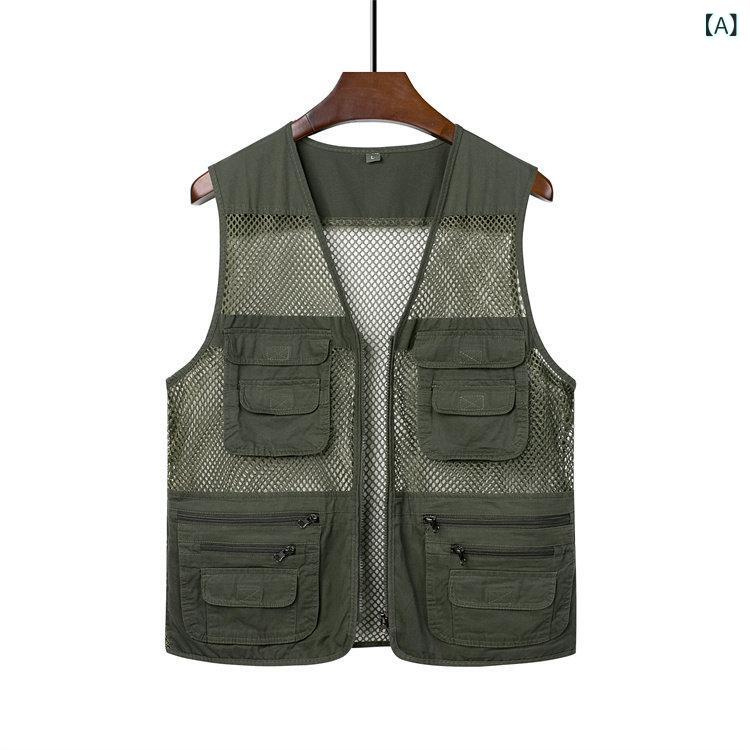 メンズ ベスト 薄手 メッシュ 綿10 スポーツ アウトドア 特集 A:深緑 B:浅緑 C:アイボリー L XL 2XL 3XL 4XL