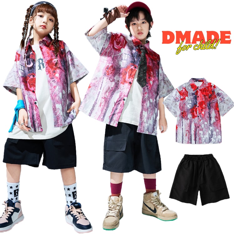 乐天商城 - 柄シャツ 薔薇 キッズダンス衣装 ヒップホップ セットアップ 衣装 ハーフパンツ シャツ カラフル 半袖 子供服 男の子 女の子 Hiphop 学生ダンス 夏 キッズファッション 小学生