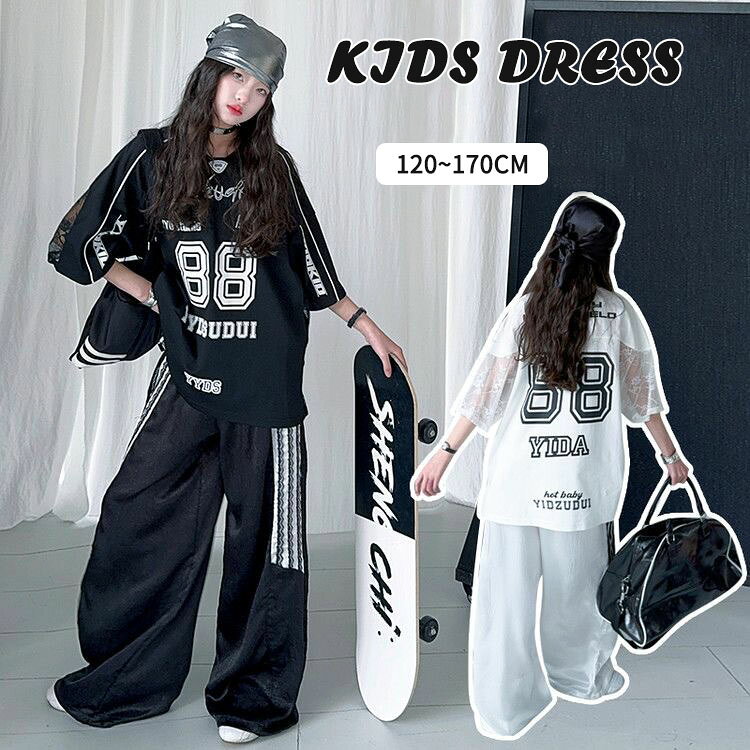 レース 黒 白 セットアップ キッズ ダンス衣装 ヒップホップ 衣装 子供服 女の子 t...