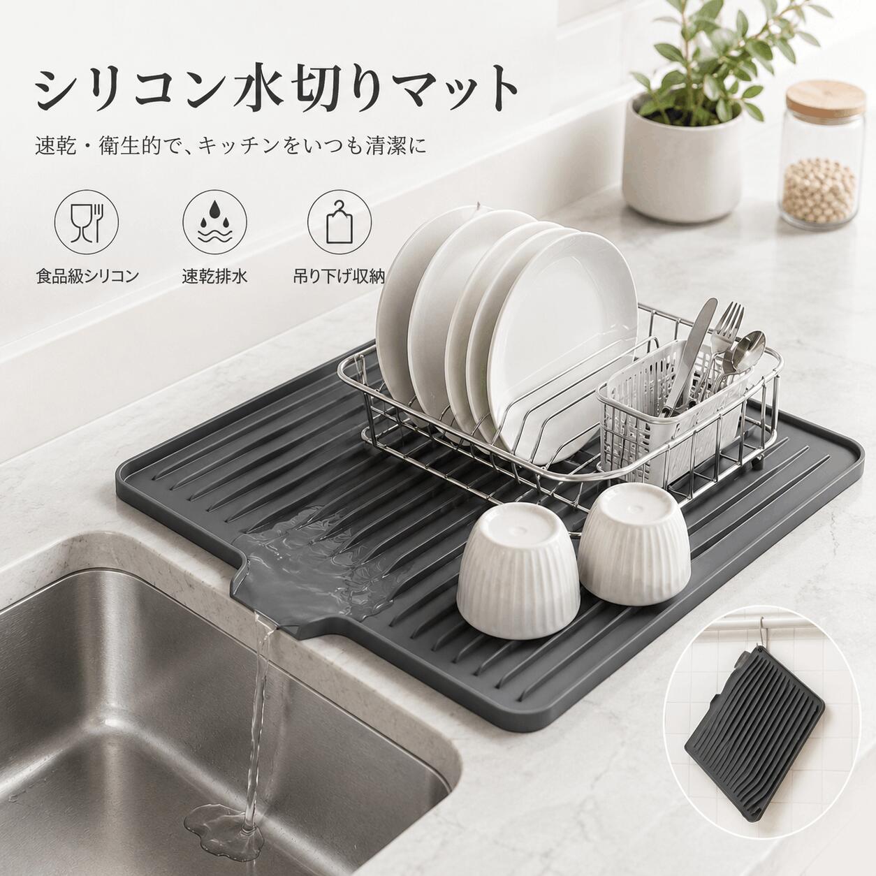 品名シリコン水切りマット商品紹介【傾斜設計で水を流しやすい】マットに傾斜をつけた設計で、洗った食器から落ちた水を流しやすくしています。細かな溝が入っているため、食器を直接平面に置くよりも水がたまりにくい仕様です。【シリコン素材で使いやすい】やわらかく扱いやすいシリコン素材を使用。耐熱性があり、キッチンでの水切りや鍋敷きなど、用途に合わせて使えます。【食器の水切りに便利】お皿やグラス、カップ、調理器具などを洗った後の一時置きに便利。水切りラックを置くスペースが限られているキッチンにも取り入れやすいアイテムです。【滑りにくい底面】底面は滑りにくい仕様で、キッチンカウンターやシンク周りに置いて使いやすい設計。食器の水切りだけでなく、調理中の小物置きにも活用できます。【折りたたみ・丸めて収納】柔軟性のあるシリコン素材なので、使わないときは折りたたんだり丸めたりしてコンパクトに収納できます。フック穴付きで、壁などに掛けて保管することもできます。【キッチンで幅広く活用】水切りマットとしてだけでなく、鍋敷き、調理器具の滑り止め、コーヒーポットの下敷きなどにも使用できます。アイデア次第でさまざまなシーンに活用できます。【ペット用品の下敷きにも】水に強くお手入れしやすいシリコン素材なので、ペットの食器を置くマットとしても使用できます。食事の際の水はねや汚れ対策にも便利です。【2サイズから選べる】キッチンのスペースや用途に合わせて選べる2サイズをご用意。広めに使いたい方には大きめサイズ、限られたスペースには中サイズがおすすめです。【シンプルな無地デザイン】シンプルなデザインでキッチンになじみやすく、毎日の水切りスペースとして取り入れやすいアイテムです。商品仕様商品名:シリコン水切りマット素材:シリコンカラー:ブラック・グレー・ベージュ・アイボリーサイズ:・L:約35×48cm・M:約37×29.5cm用途:食器の水切り・シンク周り・鍋敷き・滑り止めなどデザイン:無地・シンプル・モダン収納:折りたたみ・丸めて収納可能フック穴:あり熱い鍋や調理器具を置く際は、素材の耐熱温度をご確認のうえご使用ください。モニター環境や撮影時の光の加減により、実際の色味と多少異なって見える場合がございます。製造工程の都合上、サイズや縫製などに若干の個体差が生じる場合がございますが、品質には問題ございません。本来の用途以外でのご使用はお控えください。サイズは手作業での測定のため、1〜3cm程度の誤差が生じる場合がございます。あらかじめご了承ください。備考当店の商品は全て国内から配送されます。国内配送の商品は国内でのお買い物と同じく消費税が発生いたします。関税はかかりません。保障【30日メーカー保証】【返品・交換について】商品到着後、万が一品質不良や破損などの問題がございましたら、返品・交換対応をさせていただきます。なお、お客様都合による返品・交換はお受けできない場合がございます。また、使用済み・洗濯済み・人為的な汚損や破損など、再販売が困難な商品につきましては返品・交換をお受けできませんので、あらかじめご了承ください。関連キーワード水切りマット シリコン水切りマット シンクマット 食器水切りマット 食器乾燥マット 水切りラック 水切りトレー キッチンマット シリコンマット キッチン用品 食器置き 食器乾燥 食器収納 シンク周り キッチン収納 水切り 傾斜 排水 速乾 滑り止め 耐熱 折りたたみ 丸めて収納 コンパクト収納 鍋敷き 鍋置き コースター 調理器具マット コーヒーポットマット ペットマット ペット食器マット キッチンカウンター シンク用 キッチン便利グッズ 台所用品 食器洗い 水切りスペース 大判 35×48cm 37×29.5cm ブラック グレー ベージュ アイボリー水切りマット シリコン キッチン 35 キッチン用品 食器 調理器具 早い者勝ち ブラック グレー ベージュ オフホワイト L:約35×48cm M:約37×29.5cm