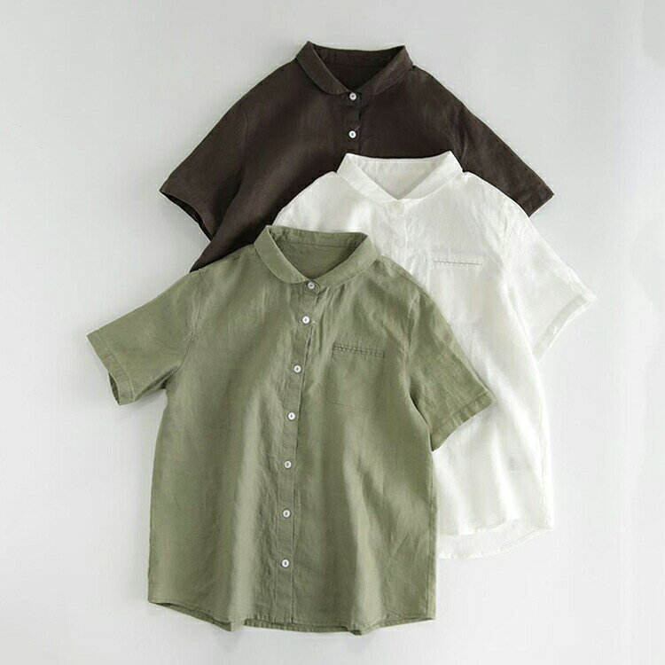 Blouses - シャツ レディース 半袖 シャツブラウス 折り襟 綿麻風 半袖シャツ 襟付き 前開き ボタン止め 夏シャツ トップス 大きいサイズ 立ち襟シャツ バックタック入り 全開 カジュアル