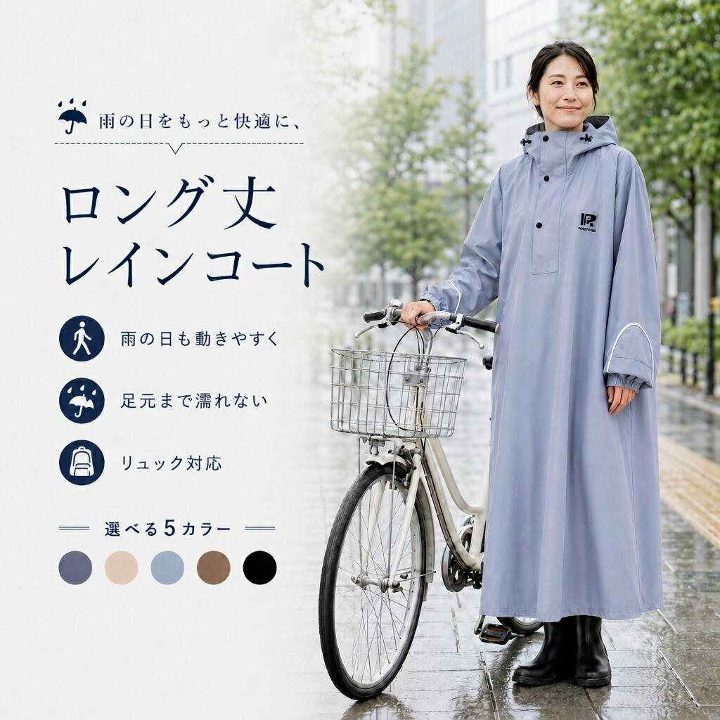 【雨の日をもっと快適に】高防水レインコート耐水圧10,000mm以上激しい雨でも中まで濡れない一般的な雨衣の耐水圧は5,000mm前後。本品は10,000mm超えの高防水スペック。ゲリラ豪雨や長時間の雨中歩行でも、しっかり耐えます。シームテープ加工(防水テープ)縫い目からの雨漏りを徹底防止縫い目のひとつひとつに防水シームテープを圧着。針穴からの浸水を防ぎ、雨衣全体をひとつの「防水壁」にします。はっ水加工(撥水)水滴を弾いて、さらっとドライ表面にははっ水加工を施しているため、水滴が玉になって転がり落ちます。濡れても軽くはたくだけでOK。乾きが早く、ベタつきません。高密着フード&マチ付き前立て顔まわり・胸まわりの侵入をブロック・フードは調節紐+つば付きでピッタリフィット・前立てはマチ付き(加高設計) +マジックテープの二重構造・袖口はゴム+マジックテープで絞れるから、手首までしっかりガードテスト済みの安心品質・耐水圧試験:10,000mm超え(JIS L 1092 基準)・防水テープ剥離試験:合格・実使用テスト:豪雨環境でも内部はドライを確認済み「雨の日、もう濡れたくない。」そんなあなたの願いを、この1着で叶えます。レインウェア レインコート ロング丈 レインウエア レインコート 続々入荷中 タイプA ブラック タイプA ベージュ タイプA ダークブルー タイプA ブルー タイプA カーキ タイプB ブラック タイプB カーキ タイプB ホワイト S M L