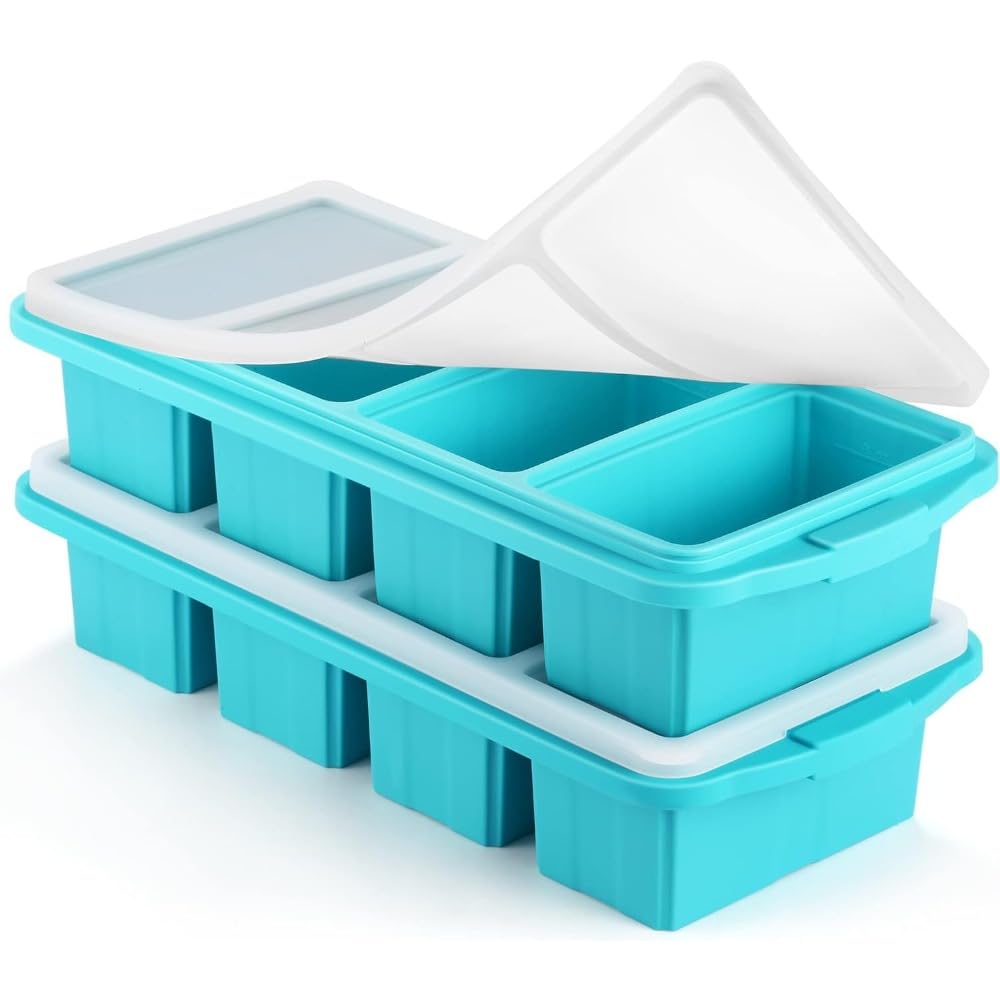 Rakuten - 蓋付きシリコンフリーザートレイ - シリコンフリーザー食品型 シリコン冷凍庫容器 完璧な1カップ4個 スープ、ソース、スープ、残り物を凍らせて保存する 大型アイスキューブトレイ