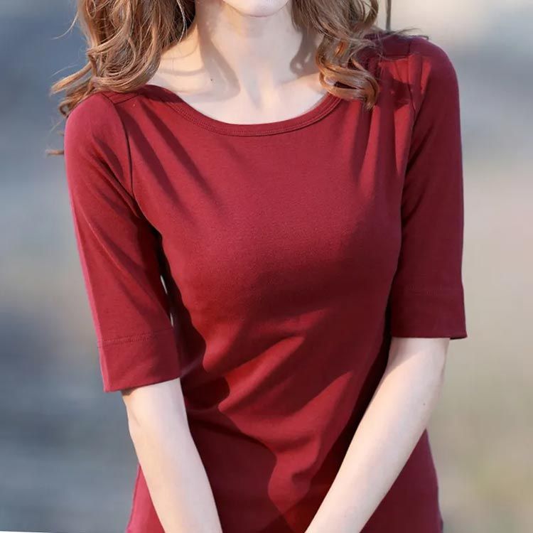 Rakuten - 5分袖 キレイめ ストレッチ Tシャツ ボートネック カットソー 着痩せ レディース トップス 無地 春夏秋 大人可愛い インナー カジュアル フェミニン 韓国ファッション