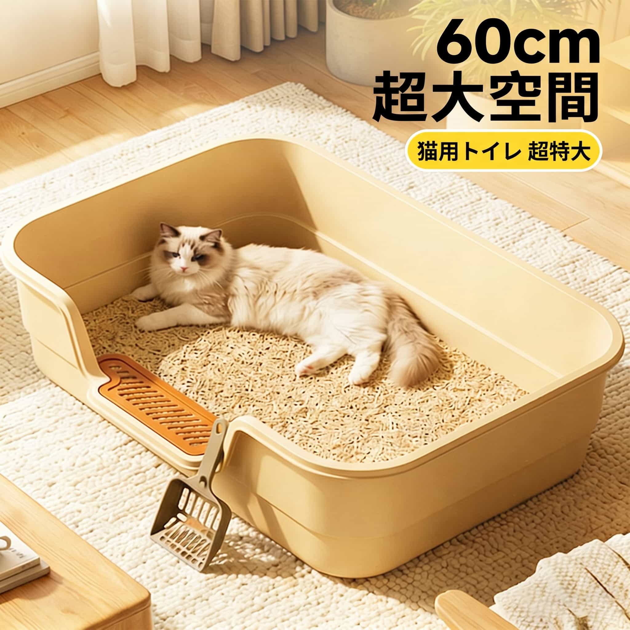Kind Pickの猫トイレ 大型猫 多頭飼い 大容量 オープン 飛び散り防止 掃除しやすい 砂落とし 室内 ネコトイレ スコップ付き 子猫 老猫 シニア猫 介護 砂の飛び散 猫用トイレ ペット用品 42cm｜アングル3