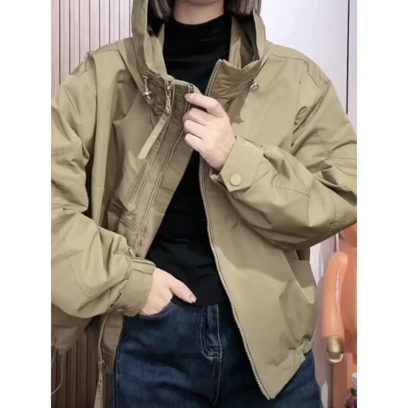 Jumper, Blouson - ジャケット レディース フード付き ブルゾン ジャンパー ウィンドブレーカー 春秋 スプリングコート ゆったり 大きめサイズ ベージュ ブラック カーキグリーン