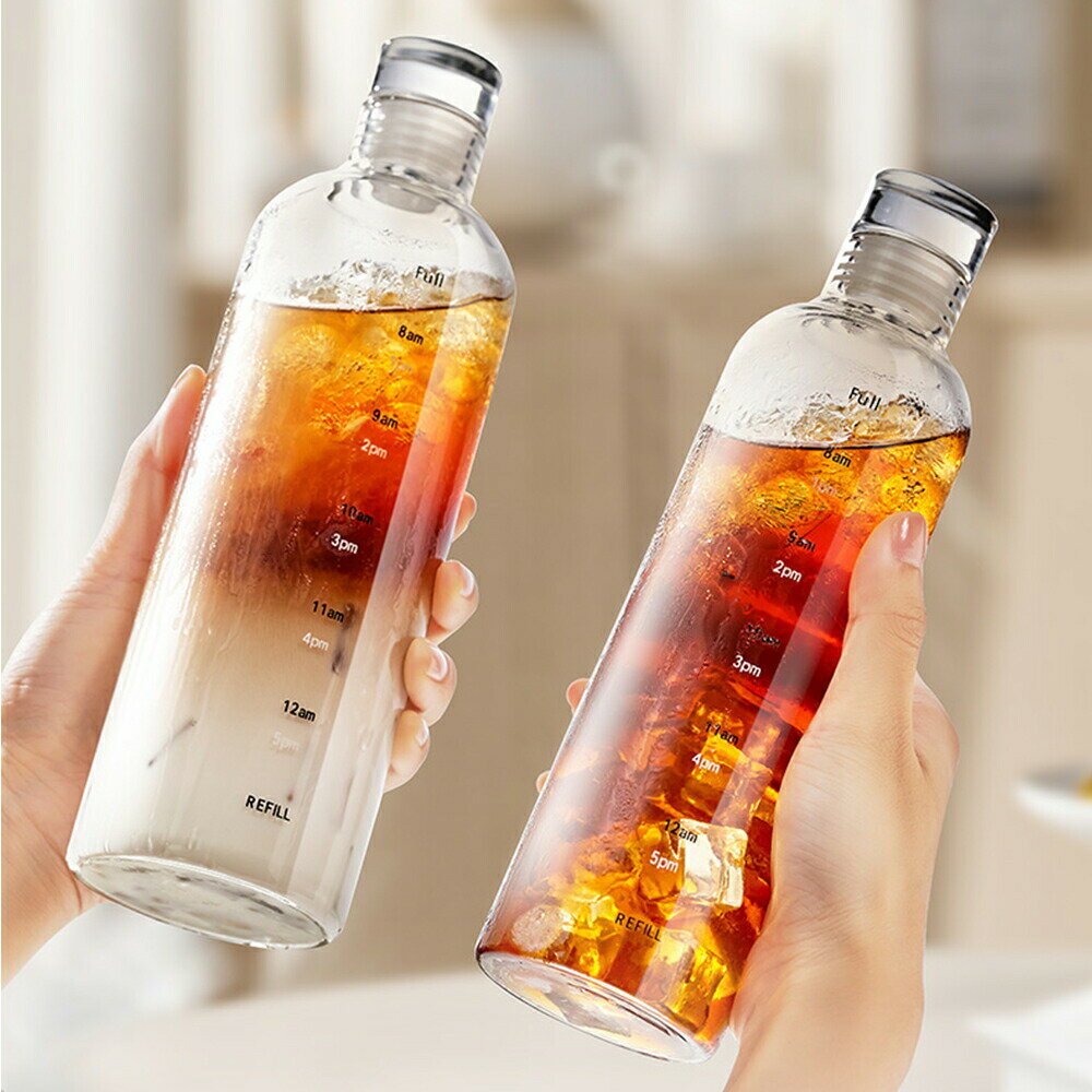 Rakuten - 【期間限定★P5倍】Kiyokyou 密封性NO.1 アイスコーヒーウォーターボトル タイムマーカー付き 1L 耐熱ガラス水筒 カイロ瓶 シンプル ins風 マイボトル ピッチャー 直飲み こぼれ 持ち運び クリアボトル
