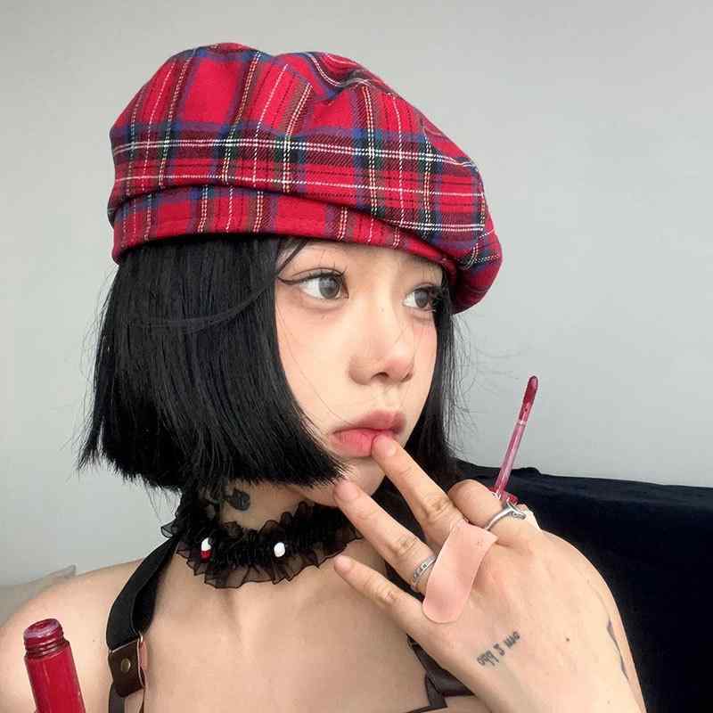 Rakuten - ベレー帽 ユニセックス チェック柄 赤 ガーリー クール 復古 画家風 英国スタイル 韓国 日系 カジュアル ストリート 万能 コーディネート ファッション