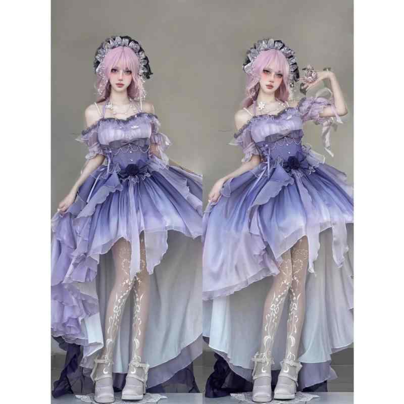 Rakuten - ロリータドレス レディース グラデーション パープル 前短後長 花嫁 トレーン 付き ふんわり プリンセス スカート かわいい ボリューム 結婚式x2 パーティー用 シルエット