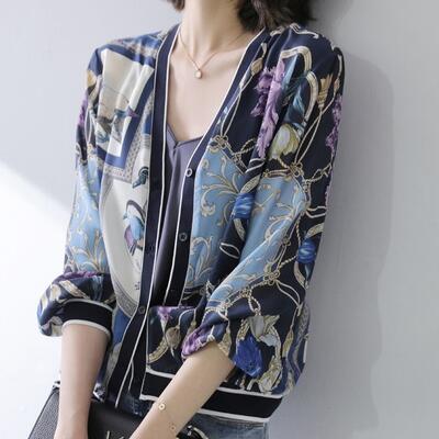 カーディガン トップス レディース きれいめ カジュアル おしゃれ 薄手 カットソー コート ジャケット アウター シフォン 羽織 スカーフ柄 かっこいい 上品 韓国 コーデ 薄手アウター ブルー 春 夏 秋 20代 30代 40代 50代