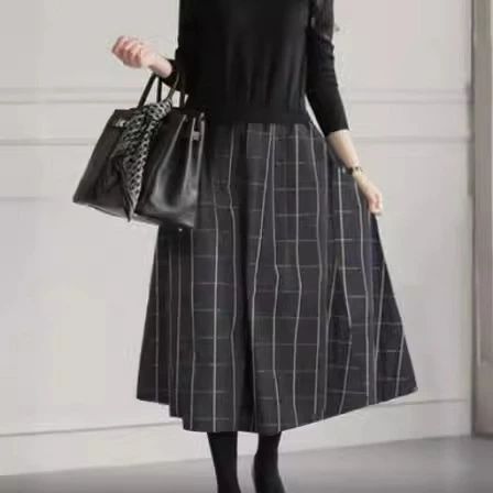 イン 長袖 ニット カジュアル マキシ丈 膝下丈 お洒落 シンプル チェック柄 通勤 オフィス ゆったり 30代 40代 50代 大人可愛い