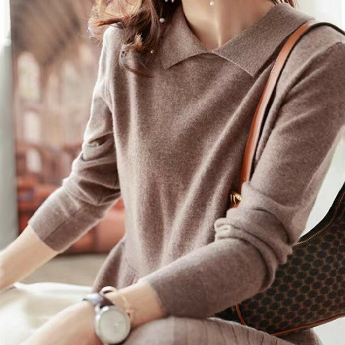 一枚で大人可愛い襟付きニットワンピース　春　膝丈　ニット　スカート　Aライン　きれいめ　清楚　通勤　無地　シンプル　上品