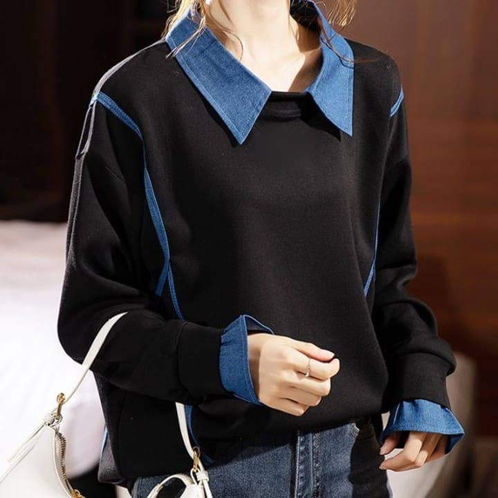 重ね着風 プルオーバー チュニック レディース トレーナー デニム 切り替え 長袖 トップス ゆったり きれいめ 大きいサイズ 40代(4)