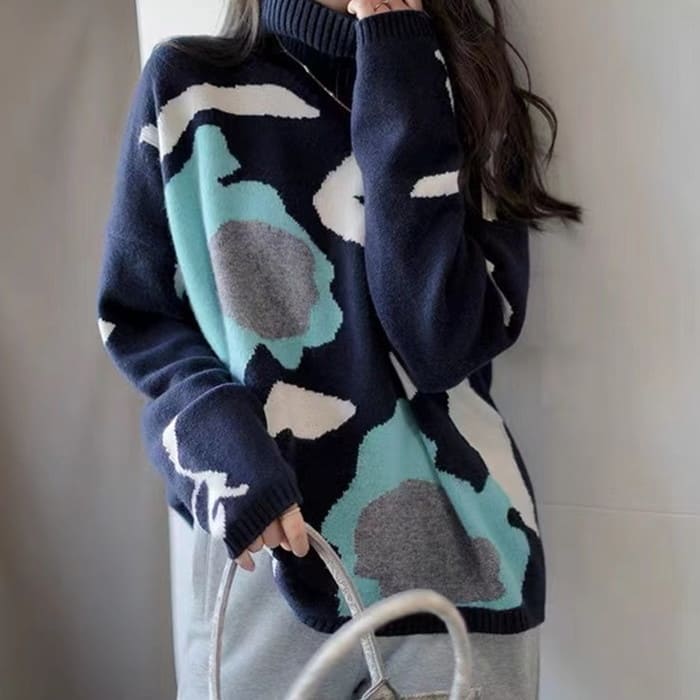 プリント ニット レディース タートルネック 春秋冬 長袖 トップス きれいめ カジュアル お呼ばれ 通勤 旅行 女子会 お出かけ