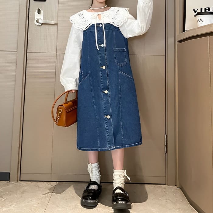 小学生 女の子 セットアップ キッズ ビッグカラー ブラウス デニム サロペットスカート 2点セット 春秋 長袖 ツーピース 通学 カ