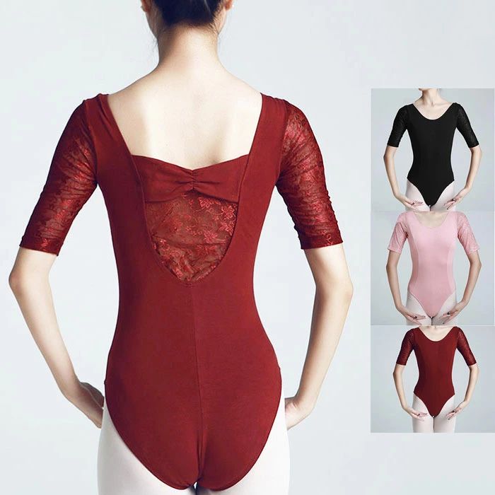 バレエ レオタード 大人 五分袖 スカートなし バレエレオタード バレリーナ レース 花柄 刺繍 透け感 蝶結び バレエ用品 練習着