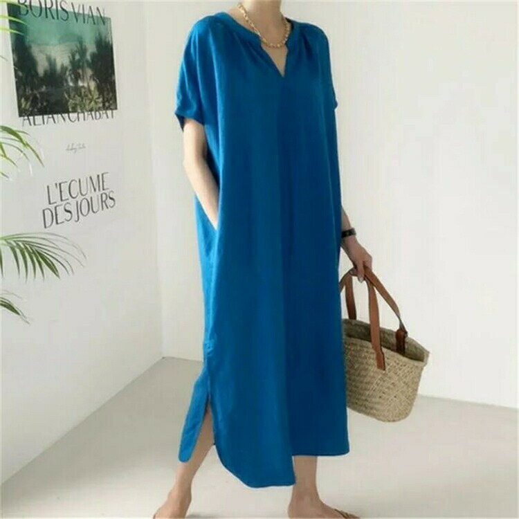 おしゃれ 綿麻 ミモレ丈 キーネック 袖あり カジュアル きれいめ ワンピース リネン混 リネン